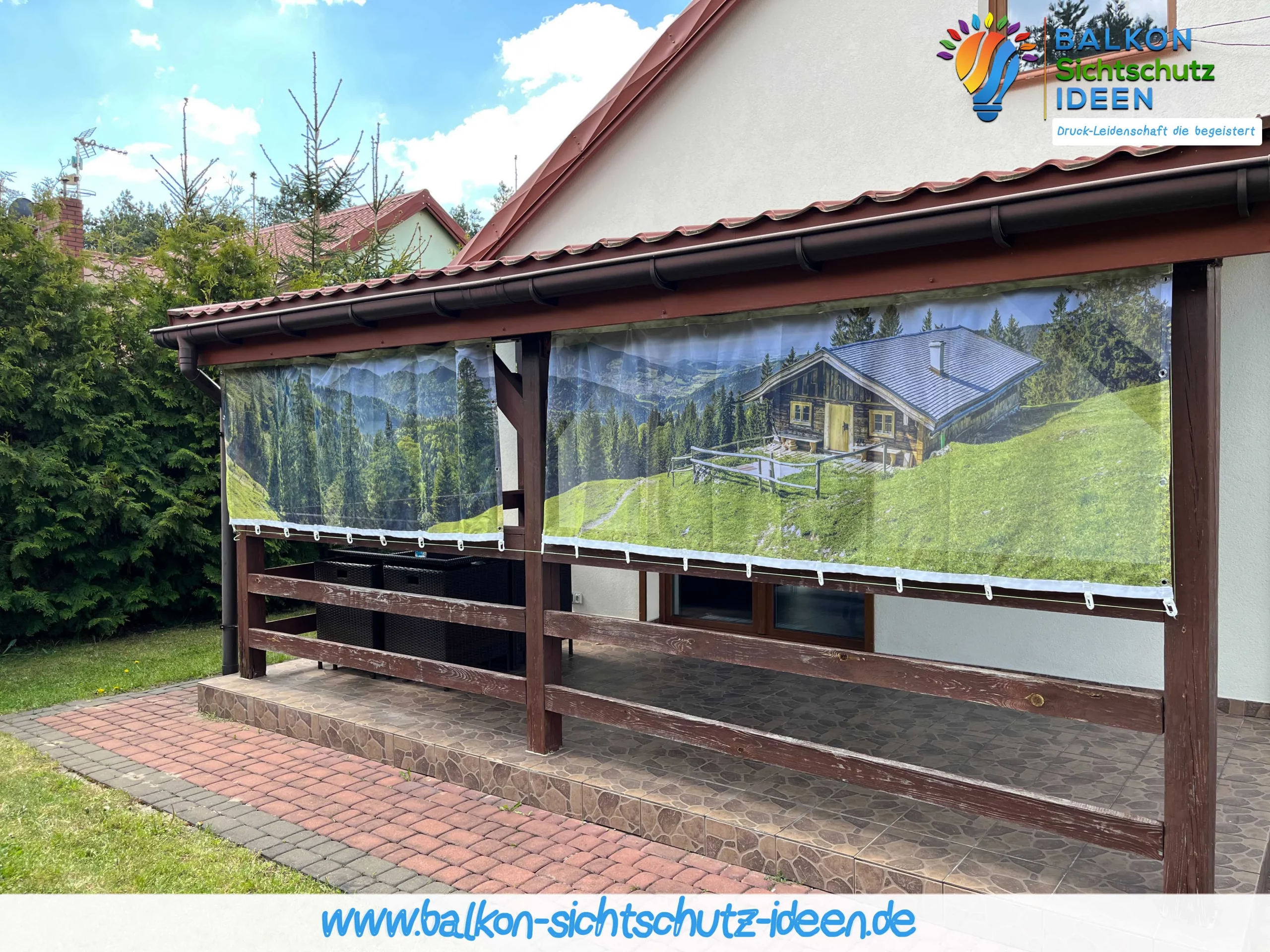 Seitlicher Balkon Sichtschutz aus Polyestermaterial nach Maß und mit 600 Motiven zur Auswahl Seitlicher Balkon Sichtschutz aus Polyestermaterial nach Maß und mit 600 Motiven zur Auswahl