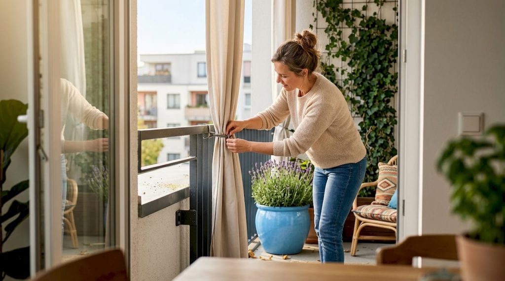 Eine Frau bringt auf ihrem Balkon draußen Vorhänge an.