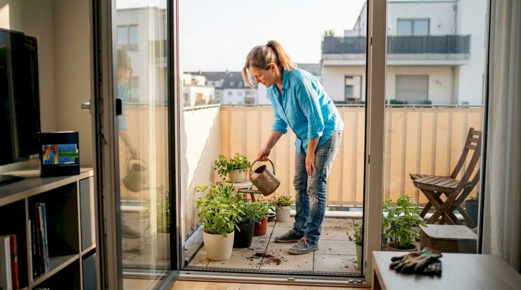 Balkonbespannung: Sichtschutz und Gestaltung für mehr Privatsphäre 2 Eine Frau gießt ihre Blumen auf dem Balkon, der mit einer Sichtschutzmatte versehen ist.