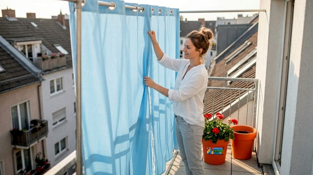 Outdoorgardinen für Balkon und Terrasse: Kreative Tipps 2 Eine Frau bringt auf ihrem Balkon in der Stadt einen Vorhang für draußen an.