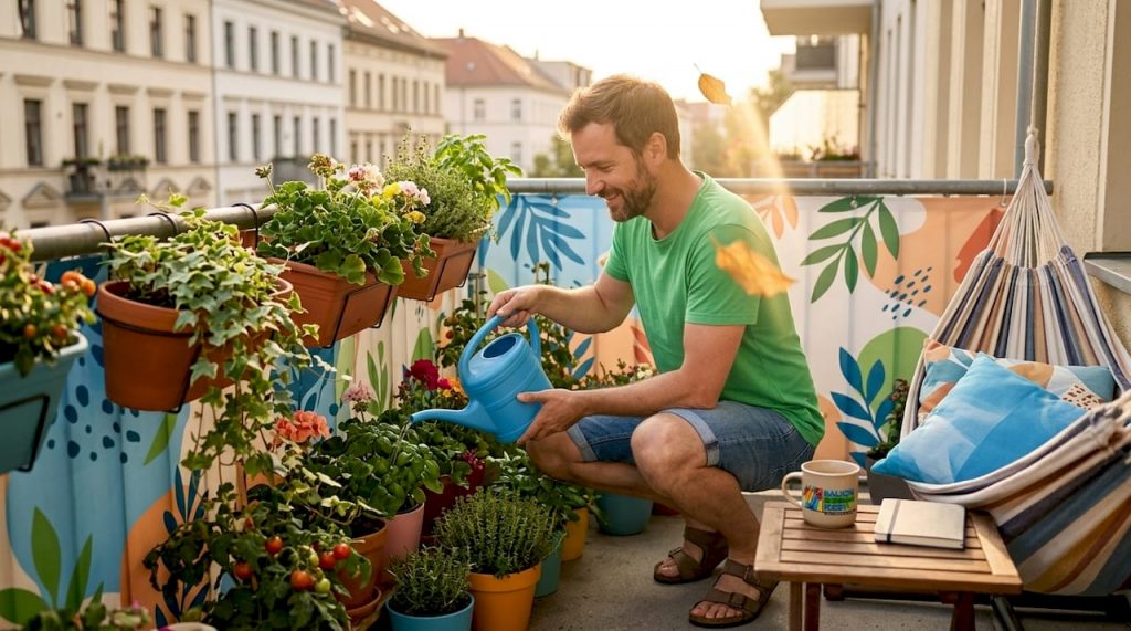 Sichtschutzmotive richtig wählen: Leitfaden für Balkon und Terrasse 2 Ein Mann gießt seine Pflanzen auf dem Balkon, der durch einen Sichtschutz abgeschirmt ist.