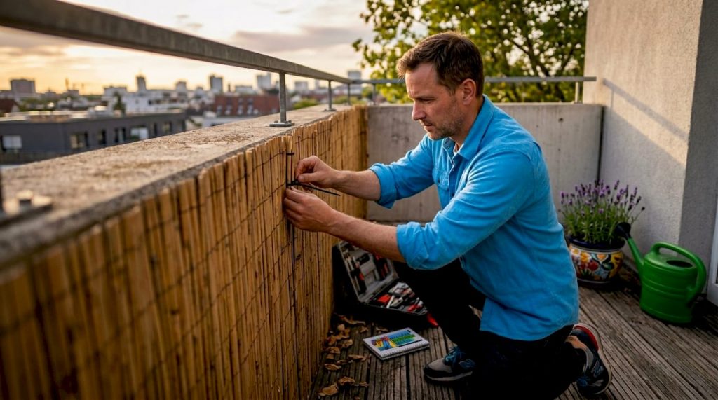 Sichtschutz gegen Nachbarn bauen: DIY-Anleitung für mehr Privatsphäre 2 Auf seinem Balkon in der Stadt bringt jemand einen Sichtschutz aus Bambus an, um mehr Privatsphäre zu schaffen.