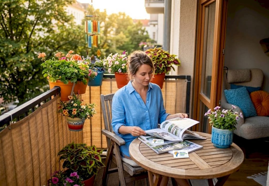 Eine Frau genießt entspannt die Zeit auf ihrem Balkon, der mit einem Sichtschutz aus Stoff vor neugierigen Blicken schützt.