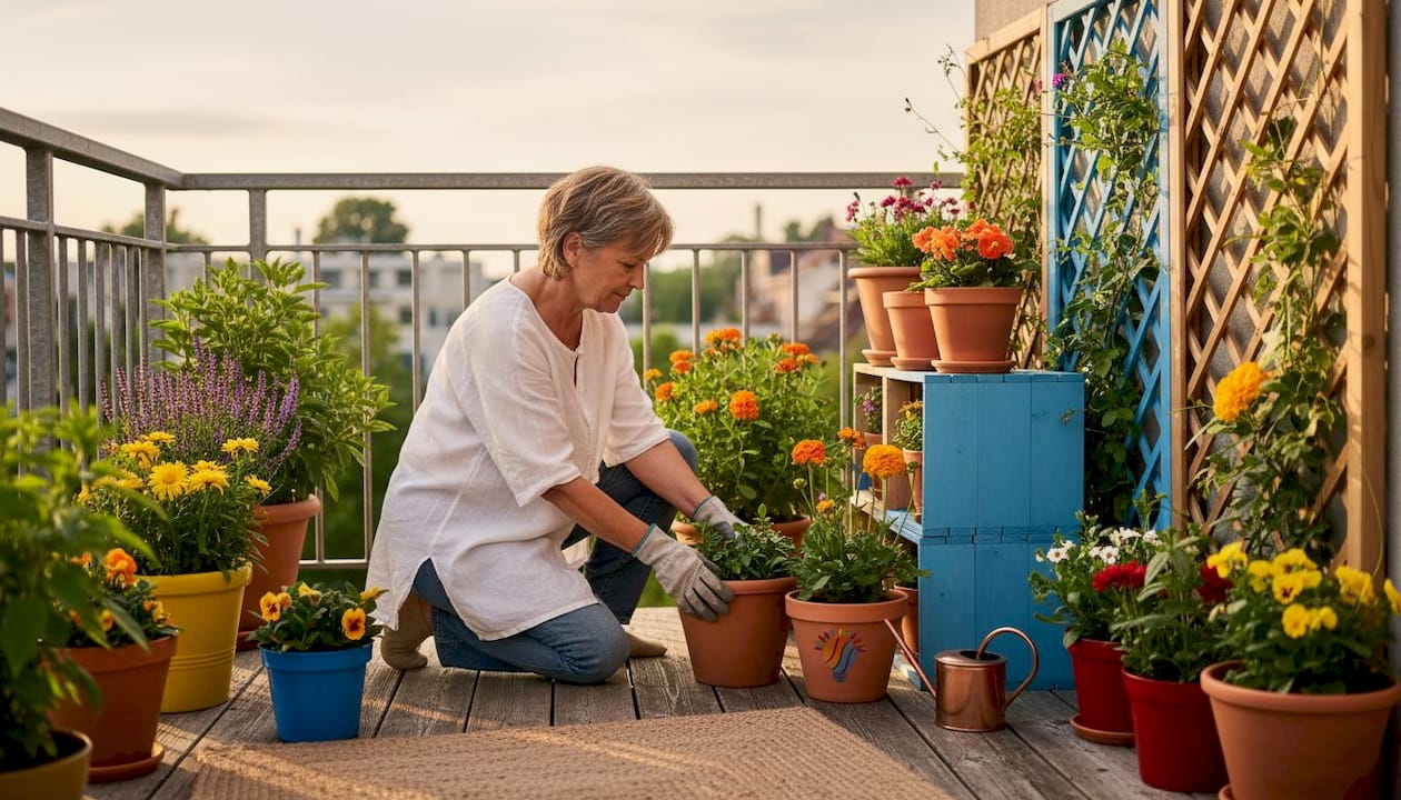 Sichtschutz für Balkon und Terrasse individuell gestalten 4 Eine Frau entwickelt einen flexibel einsetzbaren Sichtschutz aus Pflanzen.