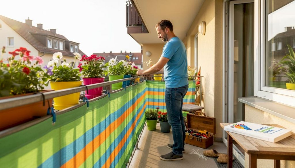 Sichtschutz für Balkon und Terrasse individuell gestalten 2 Ein Mann bringt eine Sichtschutzmatte am Balkongeländer an.