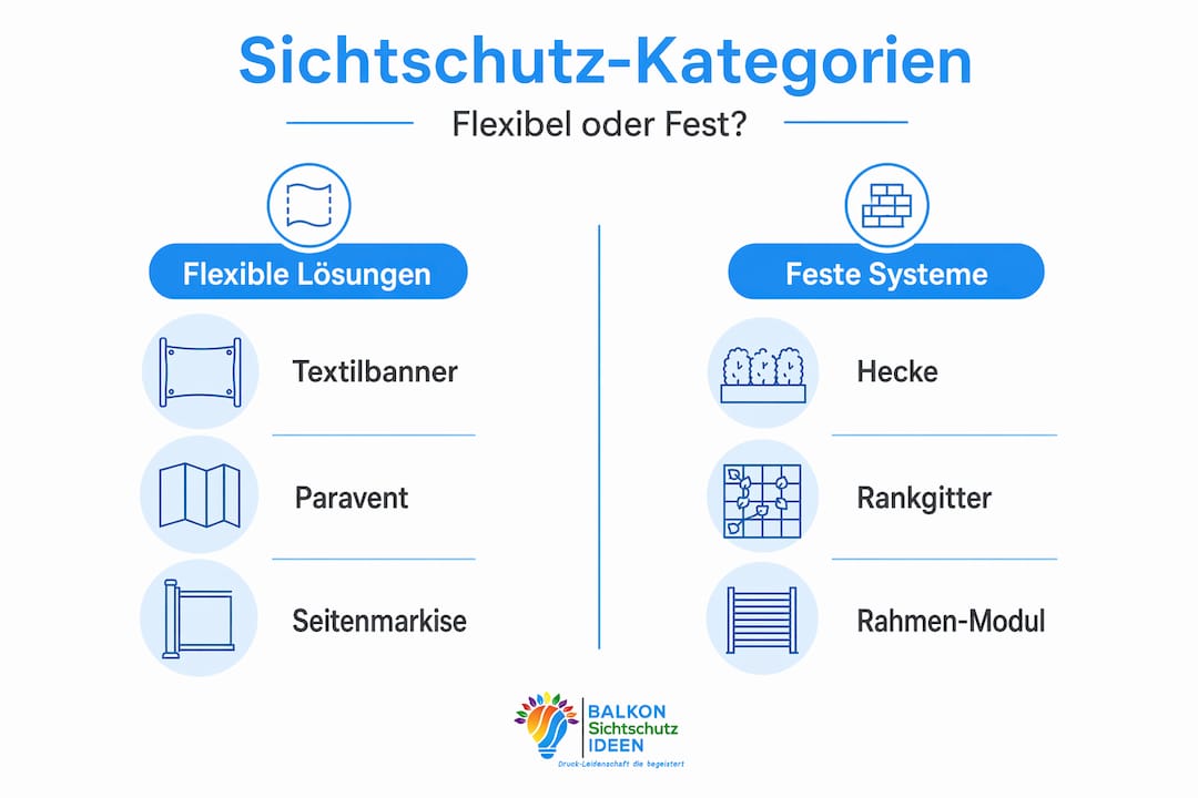 Sichtschutz für Balkon und Terrasse individuell gestalten 3 Übersichtsgrafik: Die wichtigsten Sichtschutzarten im Vergleich