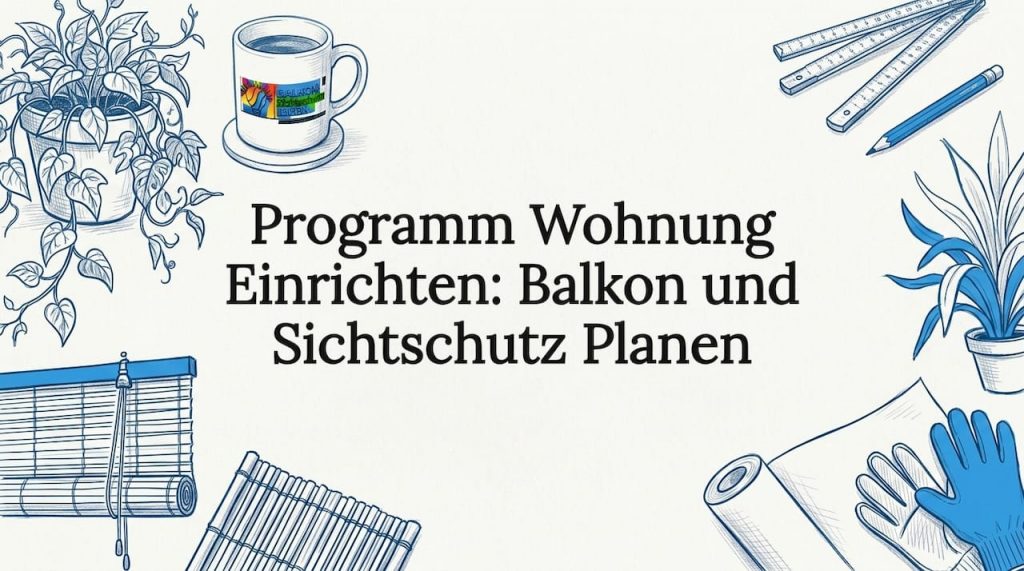 Programm Wohnung Einrichten: Balkon und Sichtschutz Planen 2 Stilvoll gestaltete Titelkarte mit Illustrationen rund um Wohnambiente und Balkonideen