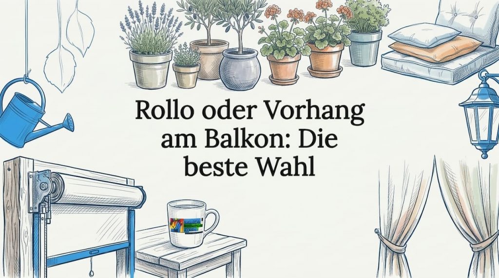 Rollo oder Vorhang am Balkon: Die beste Wahl 2 Stilvolle Titelgrafik mit Jalousien, Vorhängen und Zimmerpflanzen als dekorative Elemente