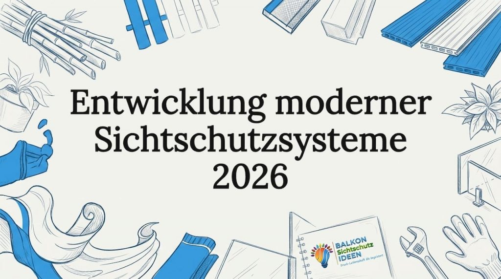 Entwicklung moderner Sichtschutzsysteme 2026 2 Eine von Hand gezeichnete Illustration, bei der verschiedene Sichtschutzmaterialien als dekorativer Rahmen eingesetzt werden.