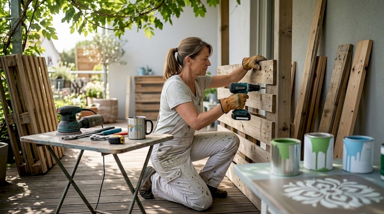 Kreative Sichtschutzmotive gestalten: Die beste Anleitung 4 Mit ein wenig Kreativität baut eine Frau auf ihrer Terrasse einen Sichtschutz aus Holzpaletten.
