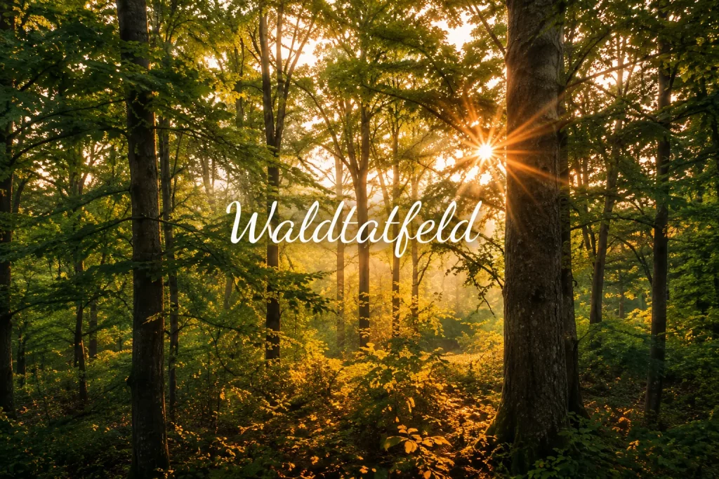 Waldmotiv für Balkon Sichtschutz mit Sonnenstrahlen im grünen Wald