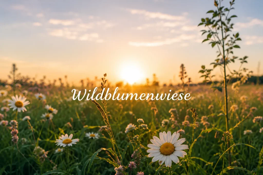 Wildblumenwiese als individueller Balkon Sichtschutz mit Gänseblümchen und Sonnenuntergang