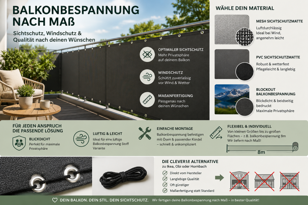 Maßgefertigte Balkonbespannung als passgenauer Sicht- und Windschutz für moderne Balkone
