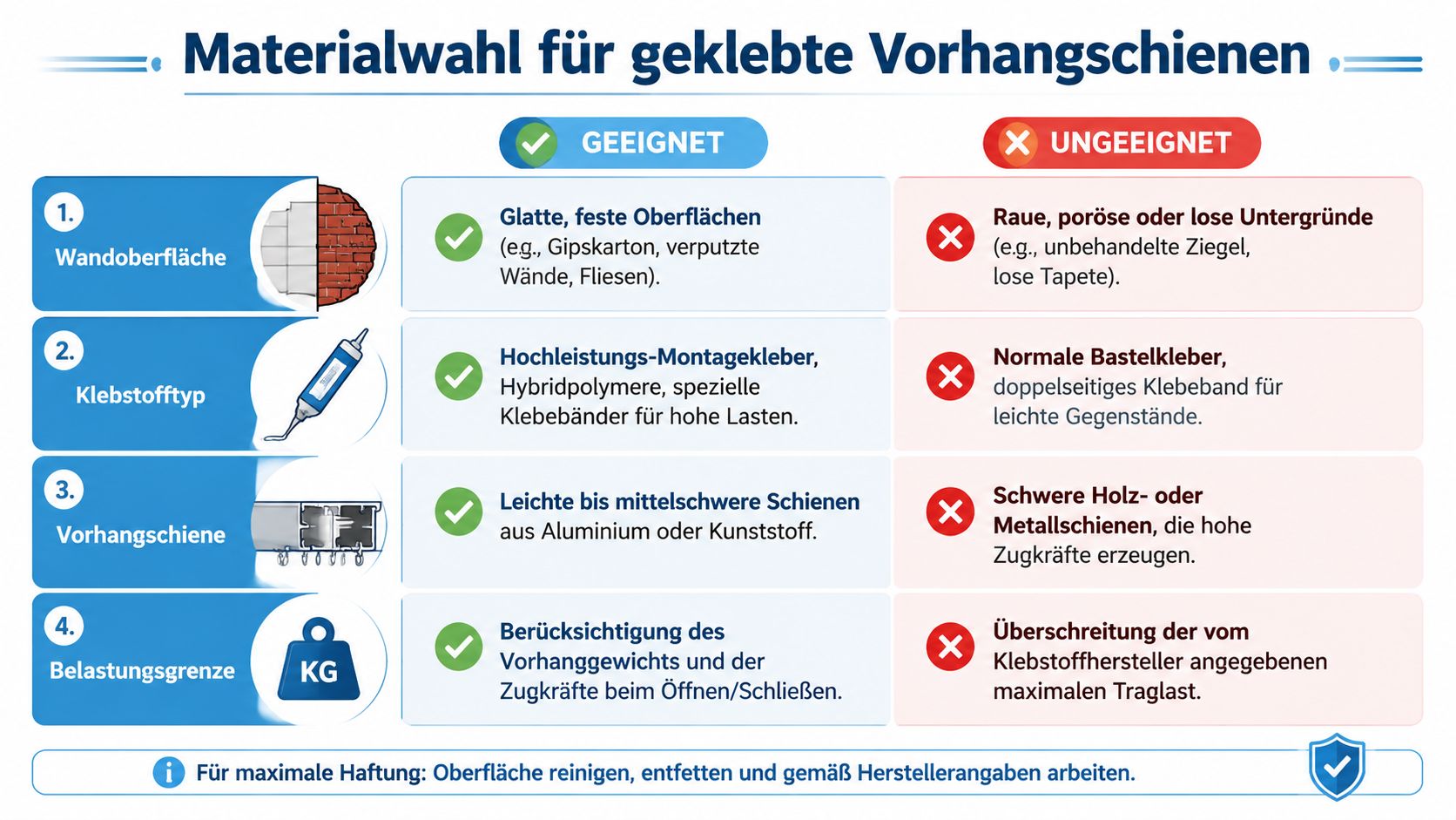 Vorhangschiene zum Kleben: Montage-Anleitung ohne Bohren 7 Infografik zur Materialwahl für geklebte Vorhangschienen mit Tipps zu Untergründen, Klebstofftypen, Schienengewicht und maximaler Belastungsgrenze.