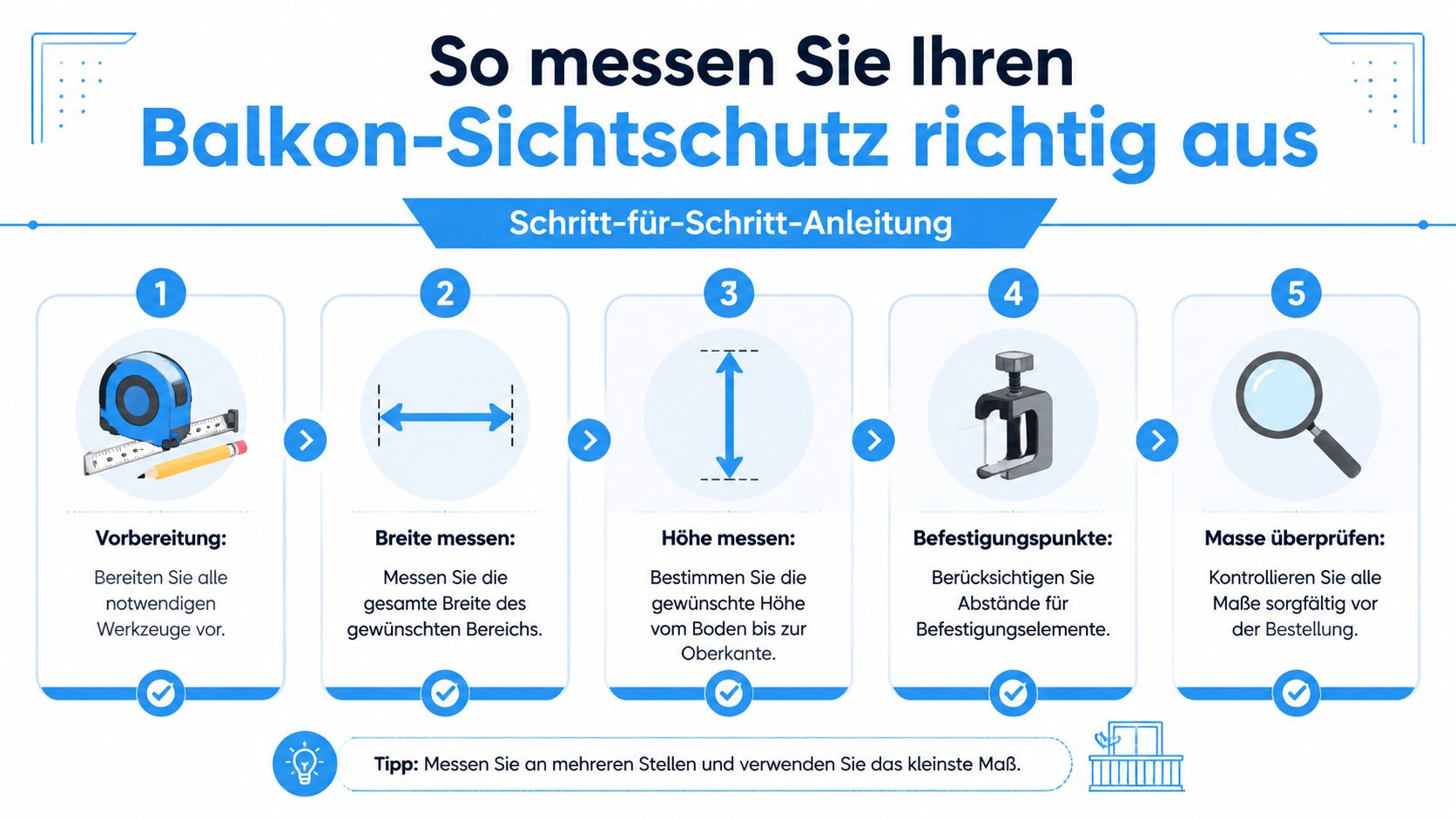 Balkon Sichtschutz nach Maß: Der komplette Ratgeber 2026 4 Eine fünfstufige Schritt-für-Schritt-Anleitung zur korrekten Vermessung eines Balkon-Sichtschutzes für eine maßgefertigte Bestellung.