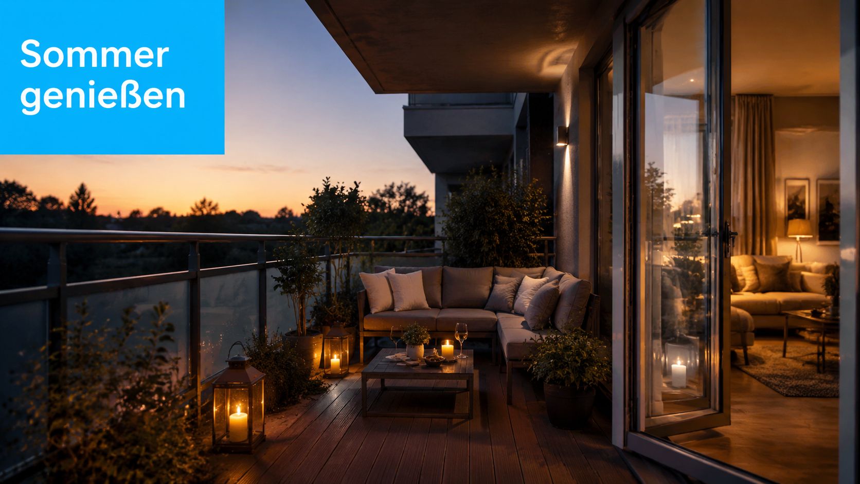 Insektenschutz Balkontür ohne Bohren: Guide 2026 4 Ein gemütlicher Balkon bei Sonnenuntergang mit einer komfortablen Sitzgruppe, stimmungsvoller Beleuchtung und Blick ins Grüne.