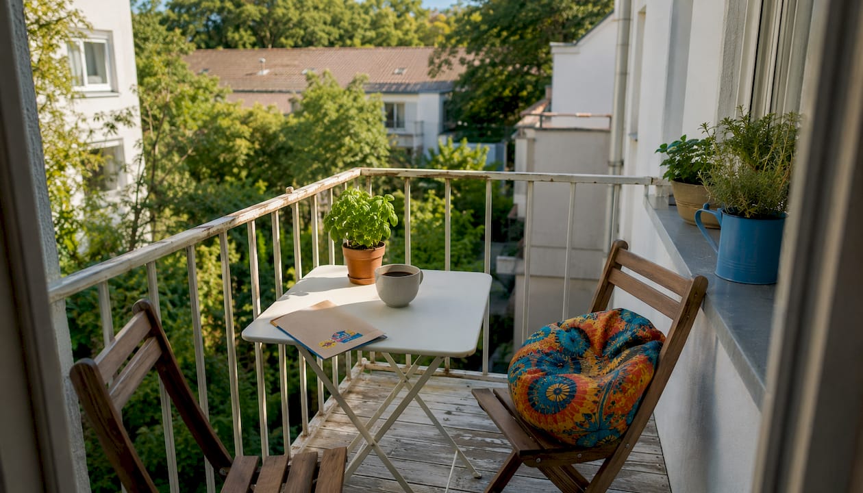 Deko Balkon: 11 Ideen für Ihre Wohlfühloase 3 Kleiner Balkon mit klappbaren Möbeln und viel Grün