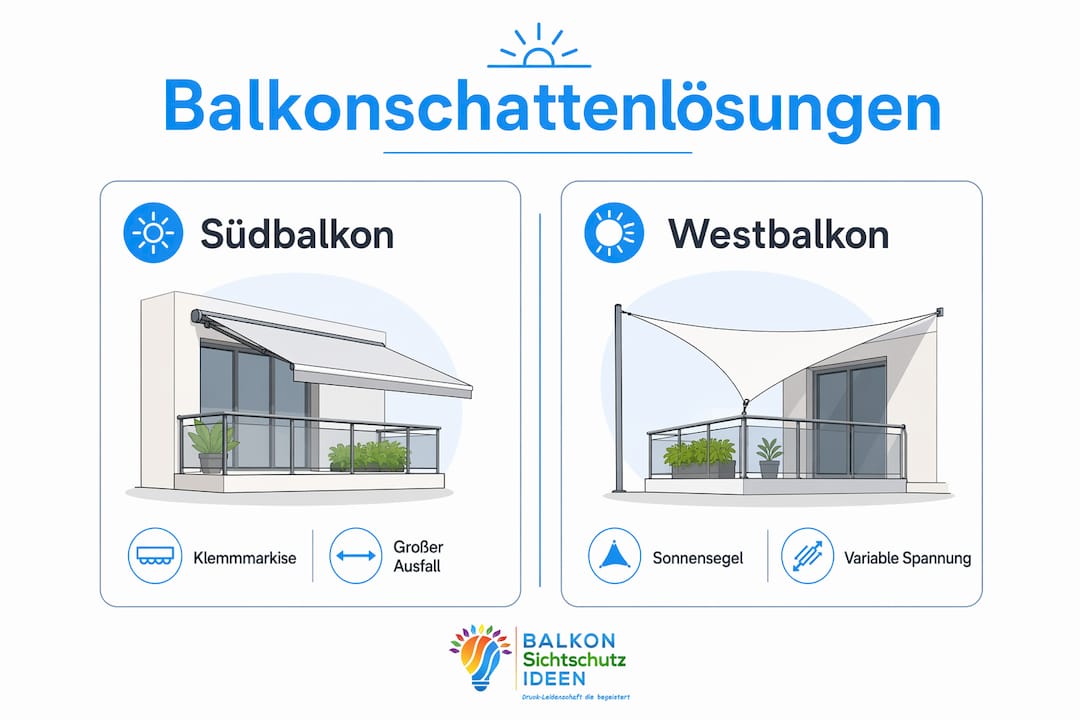 Schattenlösungen für den Balkon: Montage ohne Bohren 4 Die Infografik zeigt, welche Schattenspender sich je nach Balkonlage am besten eignen.