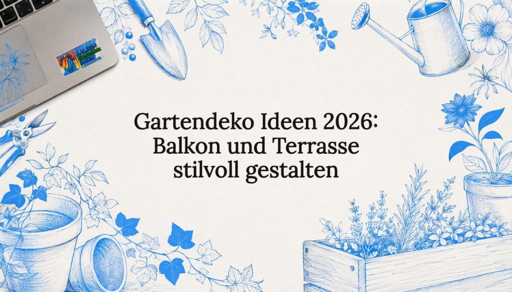 Gartendeko Ideen 2026: Balkon und Terrasse stilvoll gestalten 2 Mit liebevoll von Hand gezeichneten Pflanzenmotiven umrahmter Textbereich
