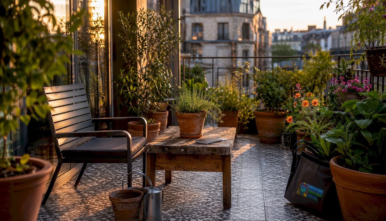 Gartendeko Ideen 2026: Balkon und Terrasse stilvoll gestalten 6 Ein gemütlicher Balkon mit viel Grün und natürlichen Materialien lädt zum Entspannen ein.