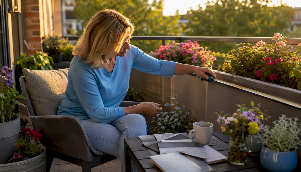 Alternativen zu nuesing.de für Balkon-Sichtschutz 3 Eine Frau nimmt Maß auf ihrem Balkon und vergleicht dabei verschiedene Sichtschutz-Designs.