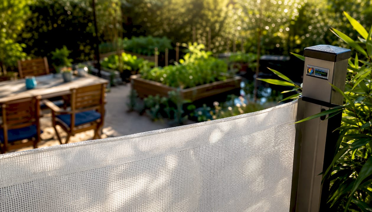 UV-Schutz auf Terrasse: Einfach erklärt für Eigentümer 4 Sonnengeschützte Terrasse mit blickdichtem Sichtschutz aus hochwertigem HDPE-Gewebe