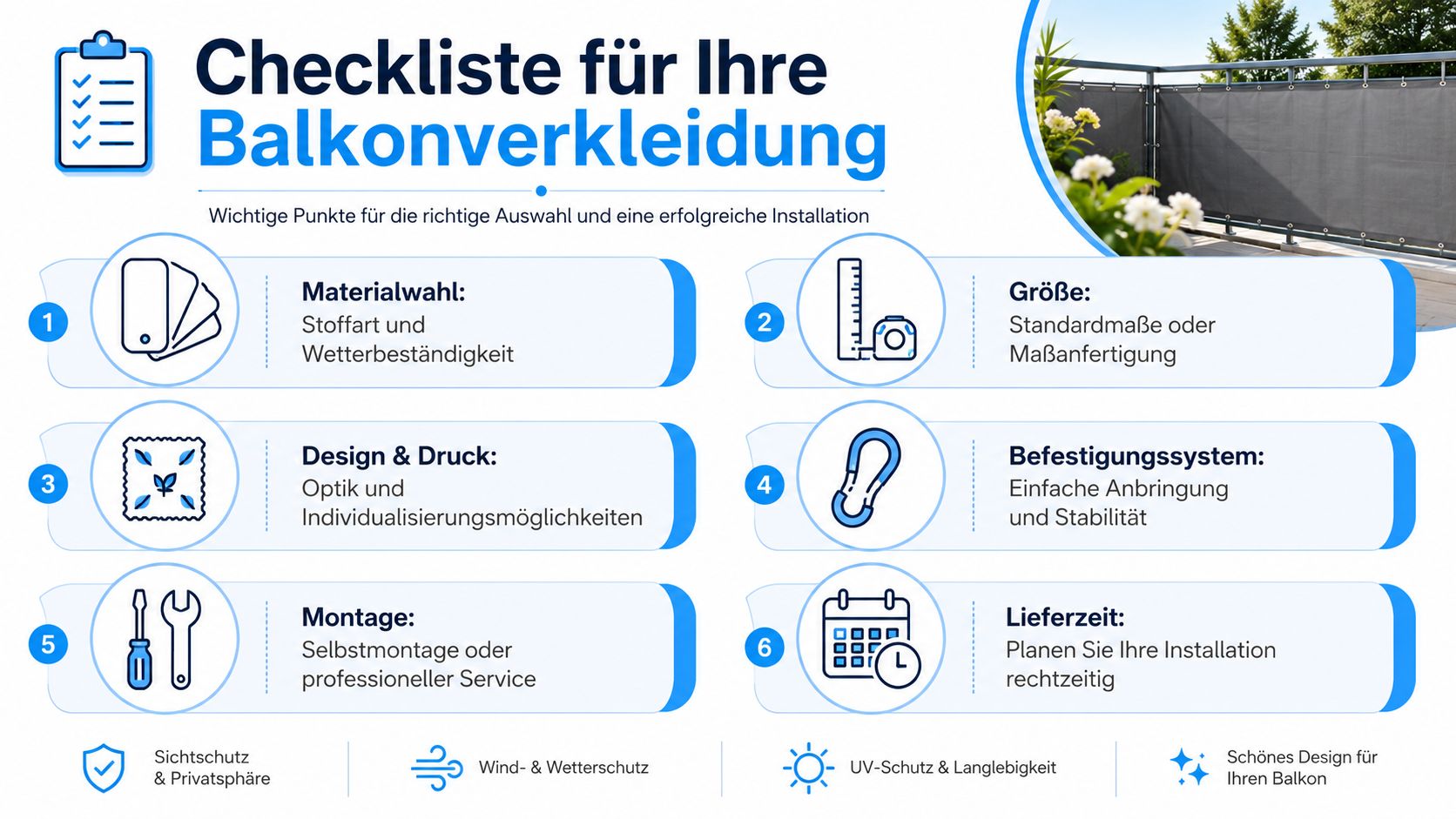 Balkonverkleidung Stoff: Ratgeber für 2026 6 Eine informative Checkliste zur Auswahl und Installation einer geeigneten Balkonverkleidung mit Tipps zu Material, Größe, Design und Montage.