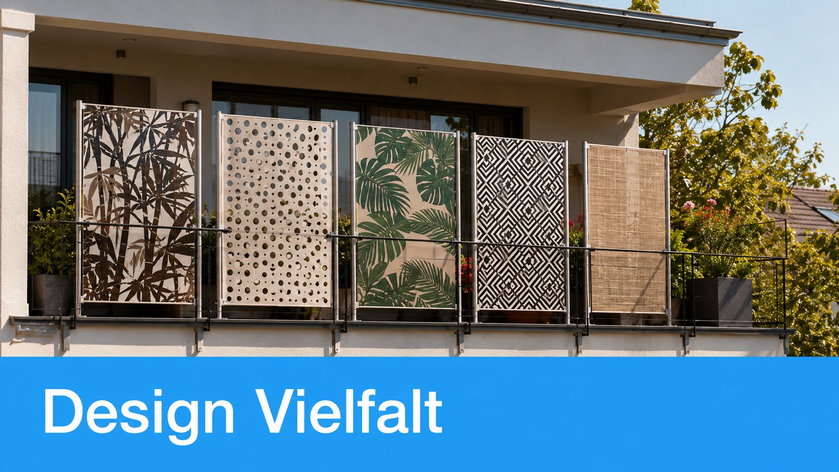 Balkonverkleidung Stoff: Ratgeber für 2026 5 Verschiedene bunte Sichtschutzwände aus Stoff zur Balkonverkleidung an einem modernen Wohnhaus bei sonnigem Wetter.