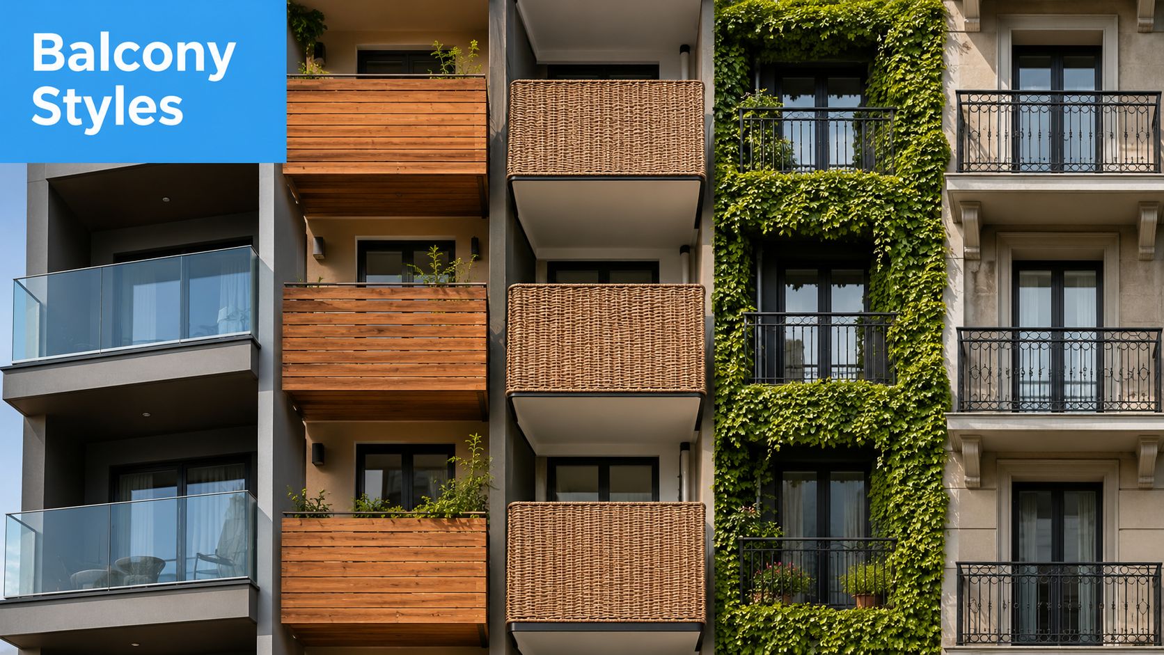 Balkonverkleidung Ideen: Schöne Gestaltung 2026 4 Verschiedene moderne und klassische Balkonverkleidungen an einer Wohnhausfassade mit Holz, Korbgeflecht und begrünten Wänden.