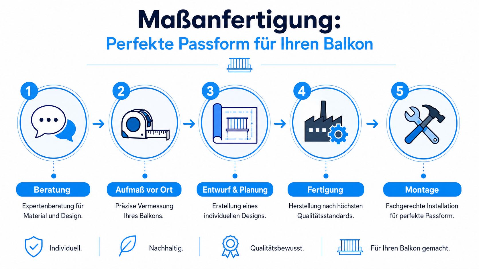 Balkonverkleidung Ideen: Schöne Gestaltung 2026 8 Infografik zeigt die fünf Schritte der Maßanfertigung für Balkonverkleidungen, von der Beratung bis zur fachgerechten Montage.