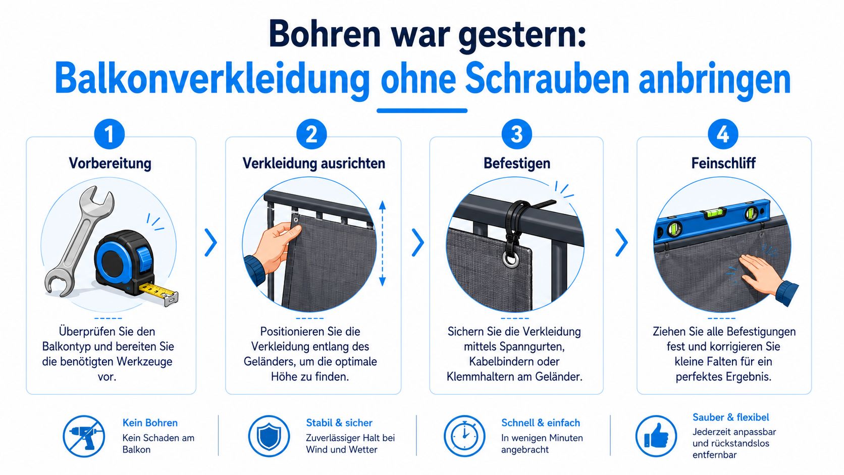 Balkonverkleidung: Der komplette Guide für 2026 7 Eine Anleitung in vier Schritten zur einfachen Montage einer Balkonverkleidung ohne Bohren mit Werkzeugen und Befestigungsmaterial.