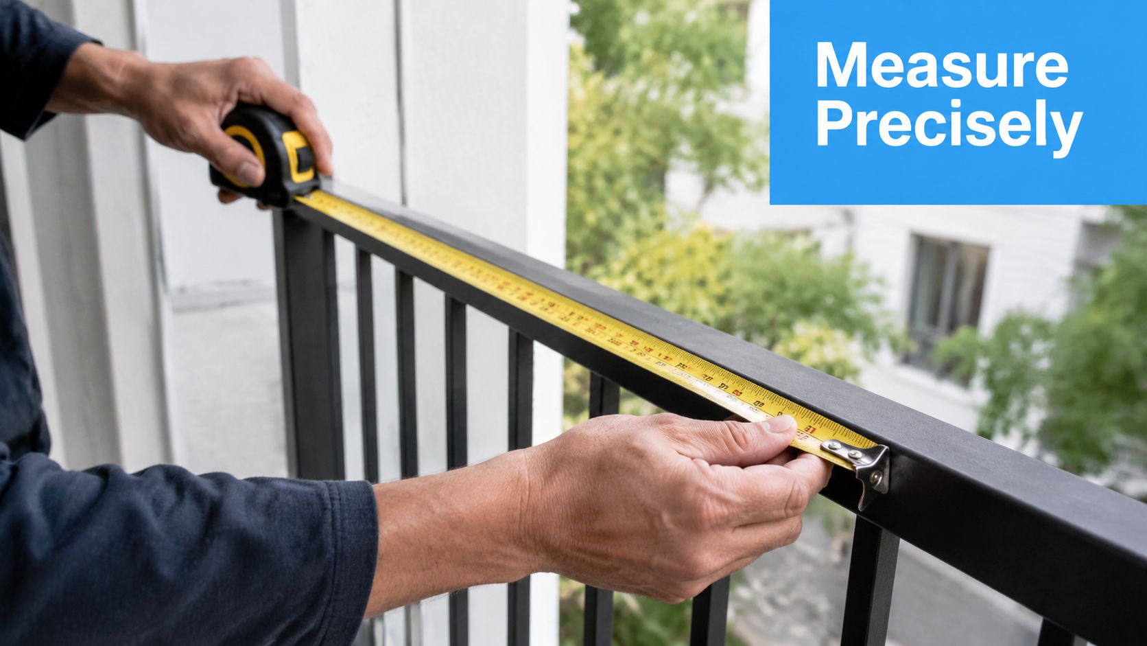 Balkonverkleidung: Der komplette Guide für 2026 5 Ein Handwerker misst mit einem gelben Maßband die Länge eines schwarzen Metallgeländers auf einem Balkon.