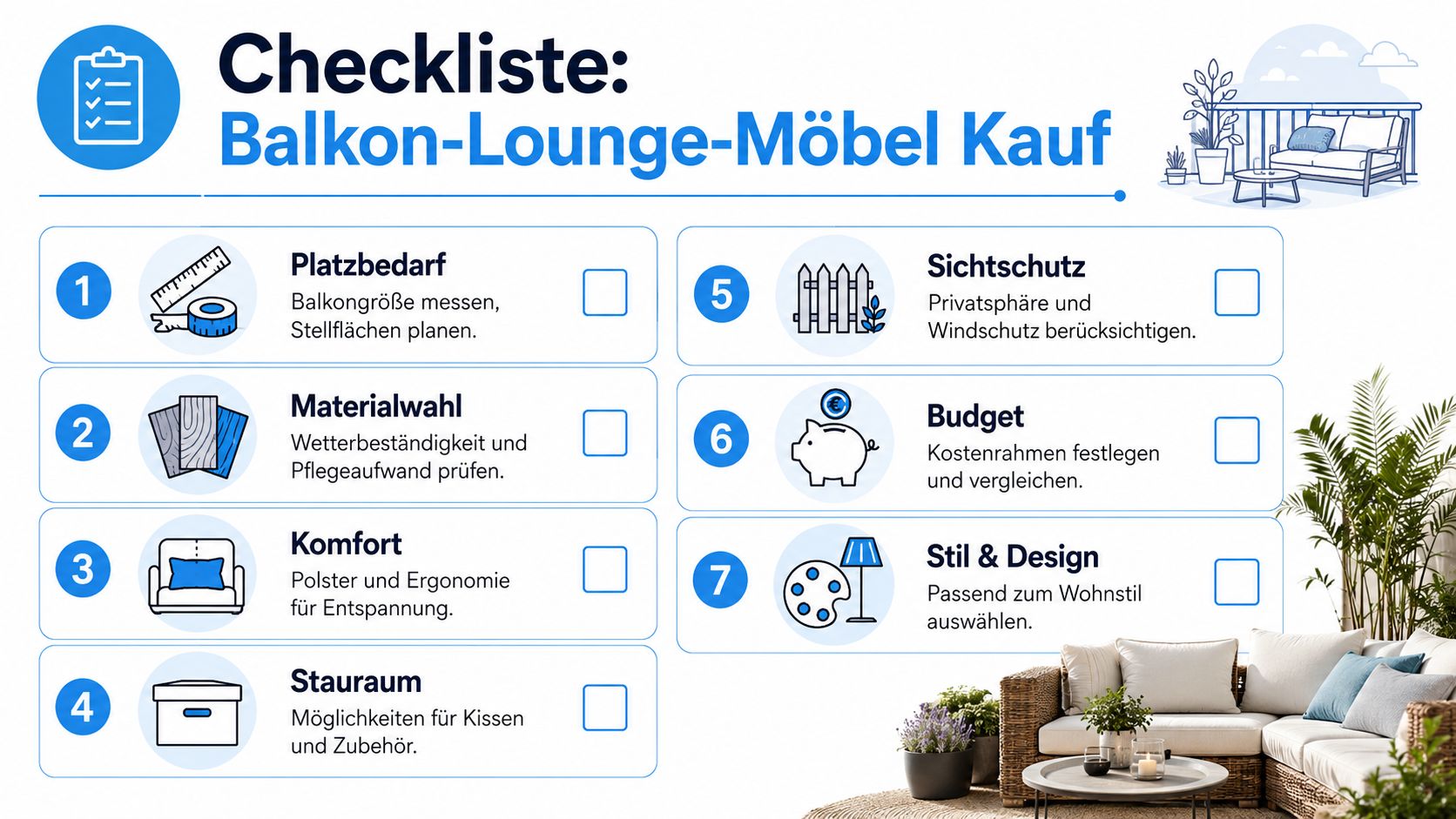 Lounge Möbel Balkon: Ihre Wohlfühloase 2026 6 Eine Checkliste für den Kauf von Balkon-Lounge-Möbeln mit sieben Schritten von der Planung bis zum Design.