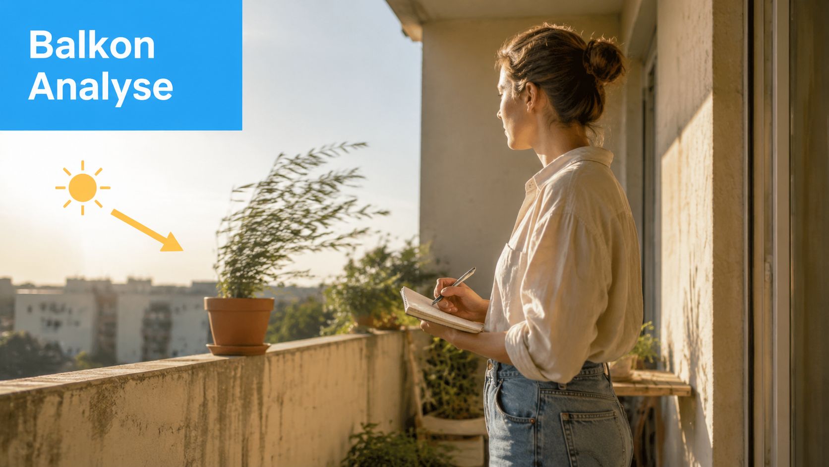 Balkon Lounge wetterfest machen: Der komplette Guide 2026 3 Eine Frau steht auf einem sonnigen Balkon und notiert sich wichtige Informationen über die Lichtverhältnisse für ihre Pflanzen.