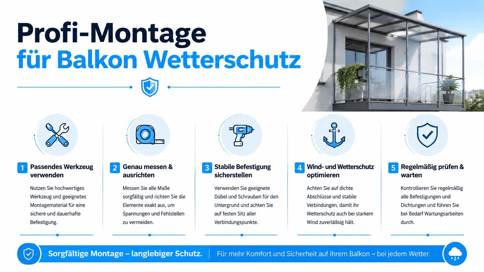 Balkon Lounge wetterfest machen: Der komplette Guide 2026 8 Infografik zeigt fünf wichtige Schritte für die professionelle und sichere Montage eines Wetterschutzes am Balkon.