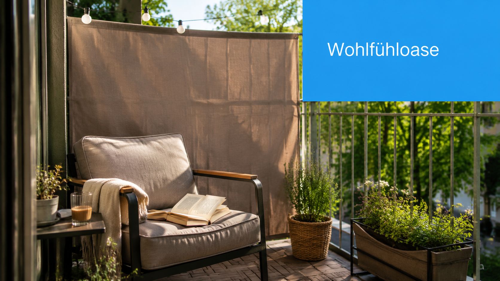 Balkonverkleidung Stoff: Ratgeber für 2026 3 Ein gemütlicher Balkon mit Sichtschutz aus Stoff, einem bequemen Sessel, einem Buch und grünen Pflanzen.