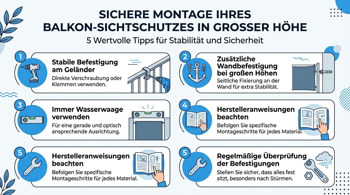 Balkon Sichtschutz höher als Geländer: Planung 2026 10 Infografik mit fünf Sicherheitstipps für die fachgerechte Montage von Balkonsichtschutz in großen Höhen an Gebäuden.