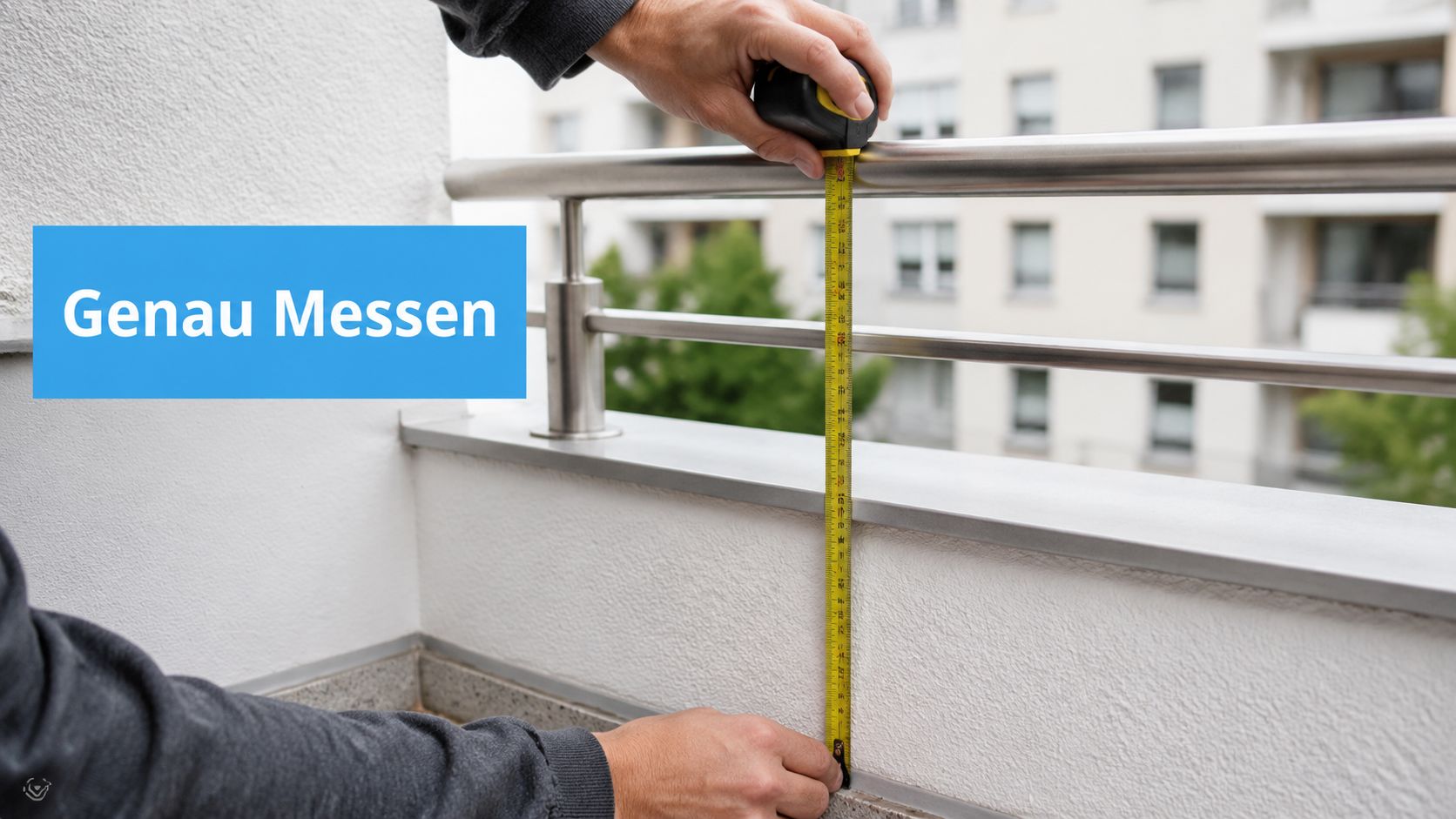 Balkon Sichtschutz höher als Geländer: Planung 2026 9 Eine Person misst die Höhe eines Balkongeländers mit einem Maßband für die Installation eines Sichtschutzes.