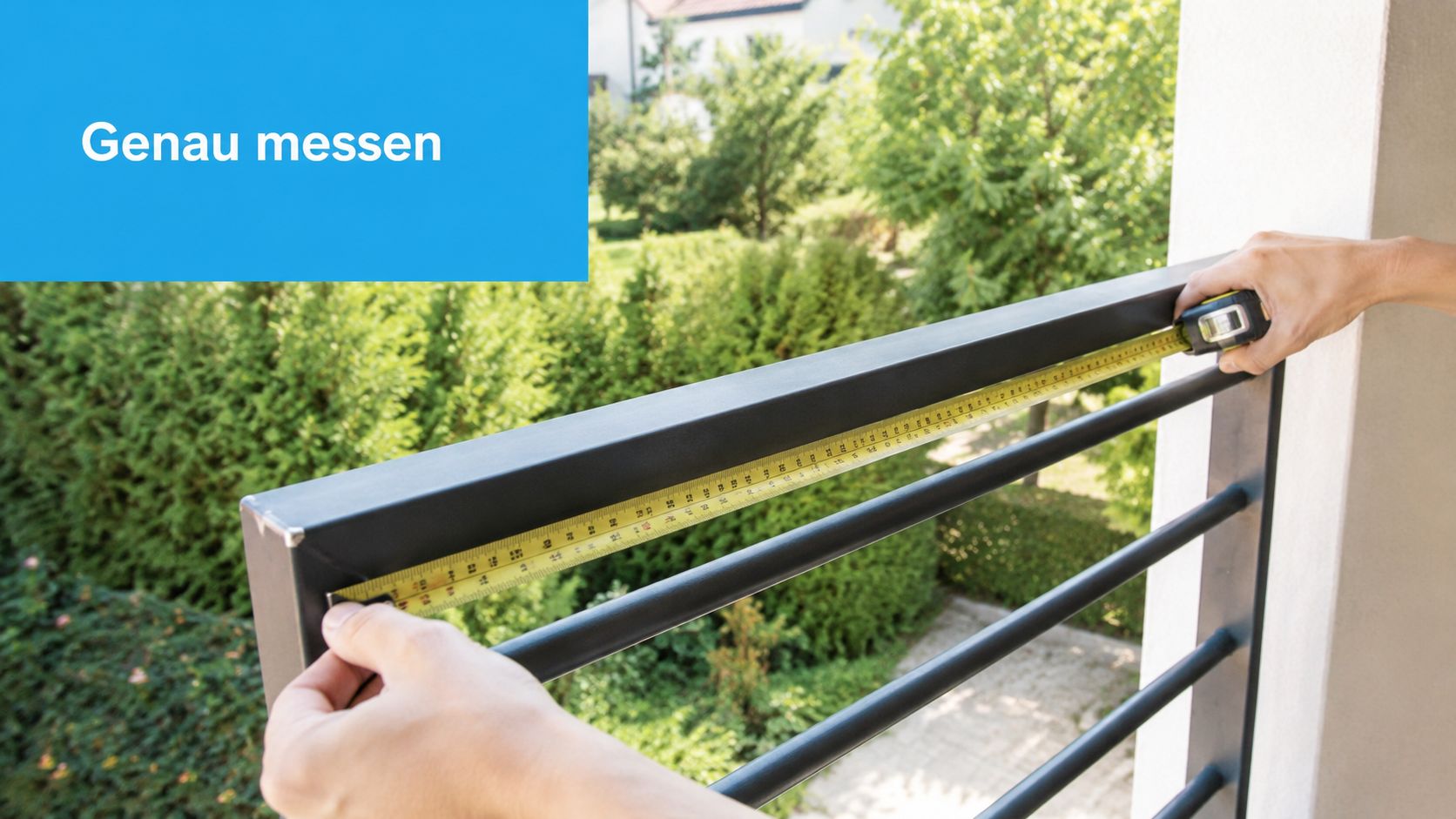 Balkon Windschutz seitlich: Der komplette Ratgeber 2026 5 Eine Person misst mit einem gelben Maßband die Länge eines dunklen Balkongeländers bei Tageslicht.