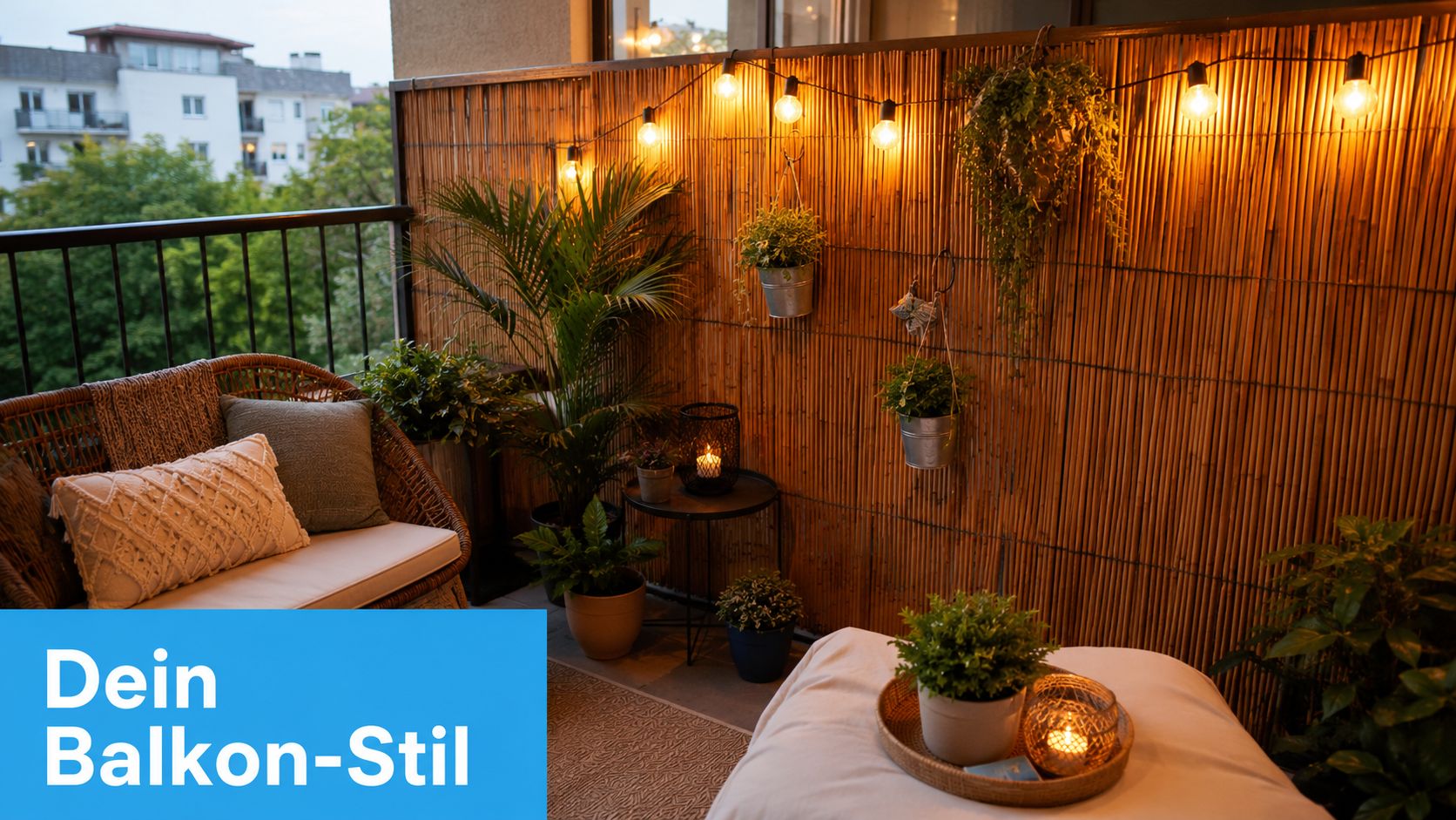 Sichtschutz Balkon günstig: die besten Lösungen 2026 6 Ein gemütlich eingerichteter Balkon mit Lichterkette, Pflanzen, Sitzgelegenheiten und dekorativem Sichtschutz bei stimmungsvoller Abendbeleuchtung.
