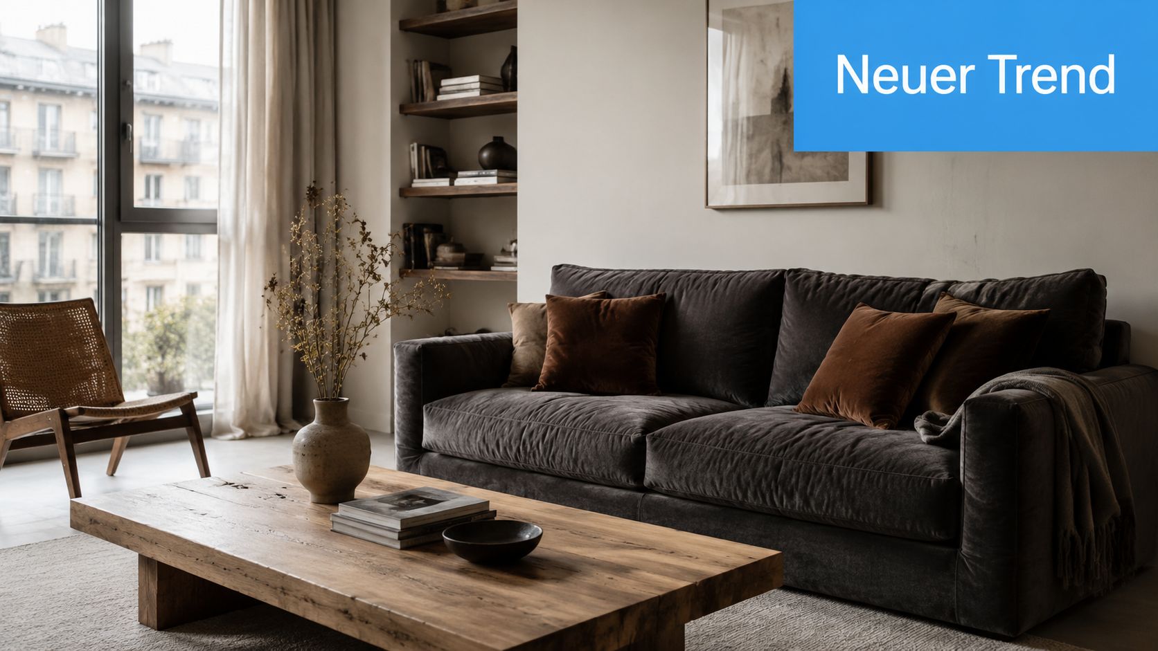 Braun und Grau kombinieren: So gelingt der moderne Look 4 Ein elegantes Wohnzimmer mit grauem Sofa, braunen Kissen, Holztisch und natürlicher Dekoration in einer modernen Wohnung.