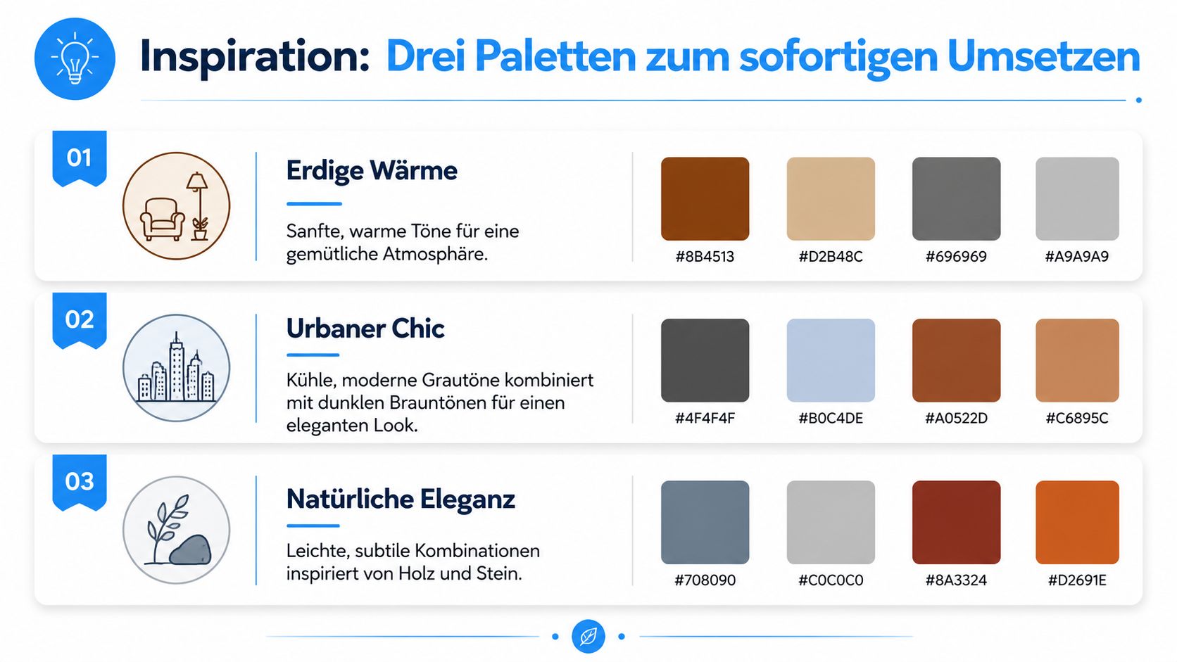Braun und Grau kombinieren: So gelingt der moderne Look 7 Drei verschiedene Farbpaletten mit Braun- und Grautönen zur Gestaltung von Innenräumen oder grafischen Projekten.