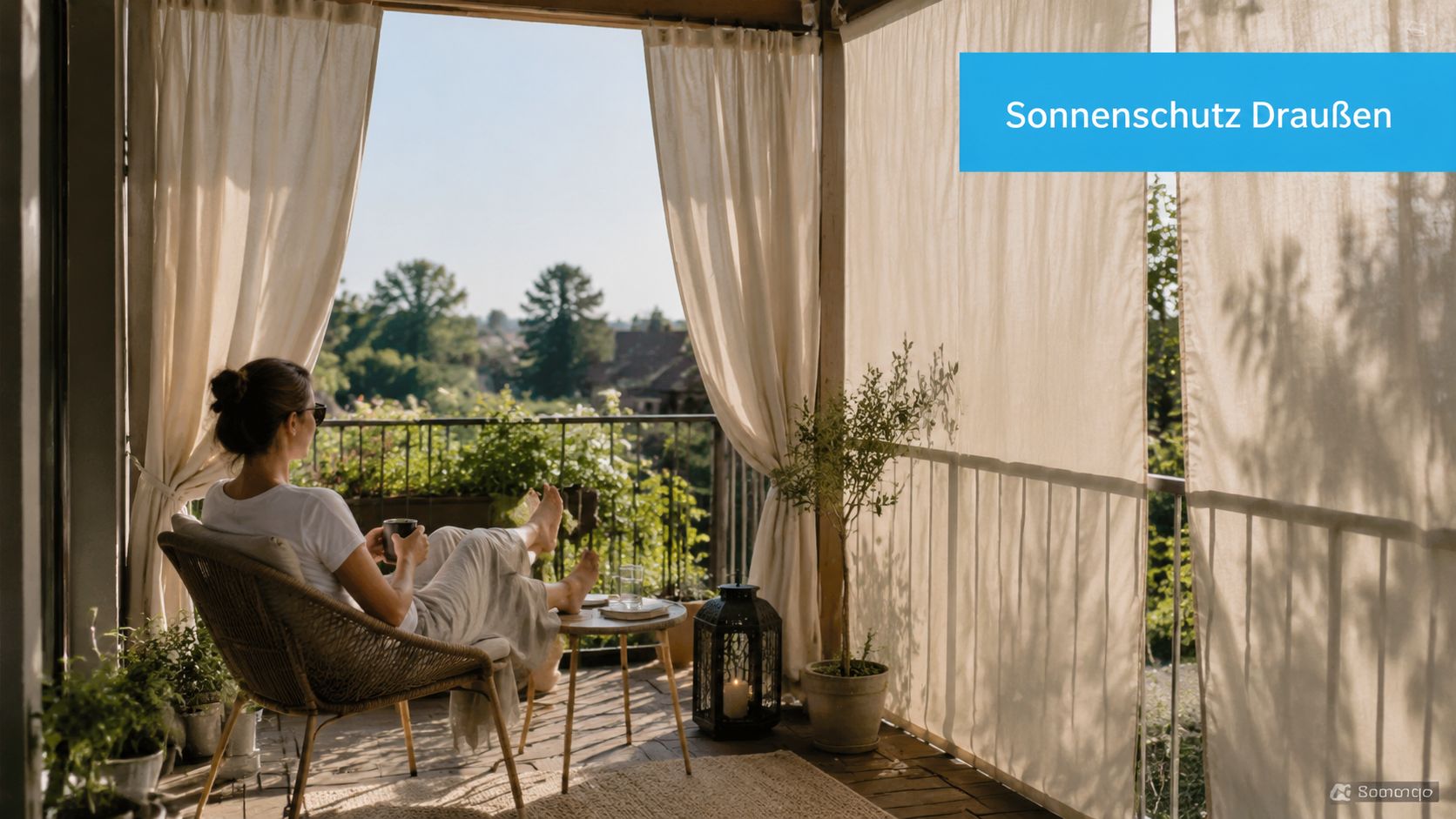 Vorhänge als Sonnenschutz: Ihr kompletter Guide für 2026 3 Eine Frau entspannt sich auf einem Balkon mit weichen, halbtransparenten Vorhängen als natürlicher Sonnenschutz im Freien.
