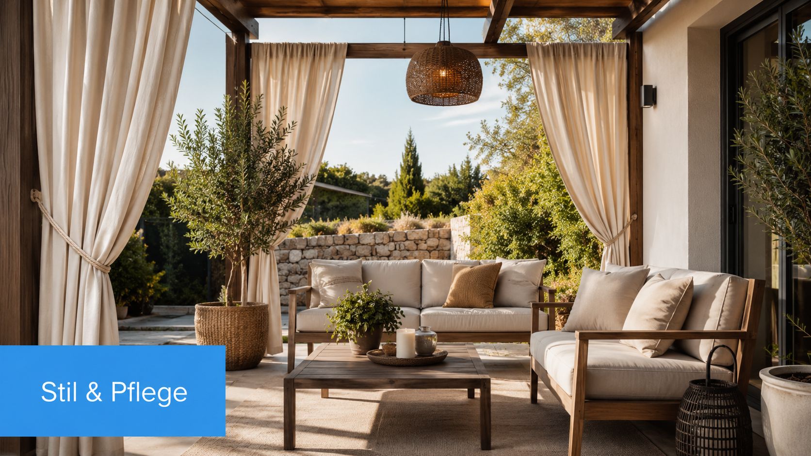 Vorhänge als Sonnenschutz: Ihr kompletter Guide für 2026 6 Eine stilvolle überdachte Terrasse mit hellen Vorhängen, gemütlichen Loungemöbeln und mediterranen Pflanzen in einer sonnigen Gartenumgebung.