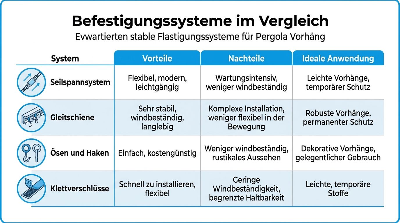 Vorhänge für Pergola: Der ultimative Ratgeber 2026 7 Vergleichstabelle verschiedener Befestigungssysteme für Pergola-Vorhänge mit Vor- und Nachteilen sowie idealen Anwendungsgebieten.