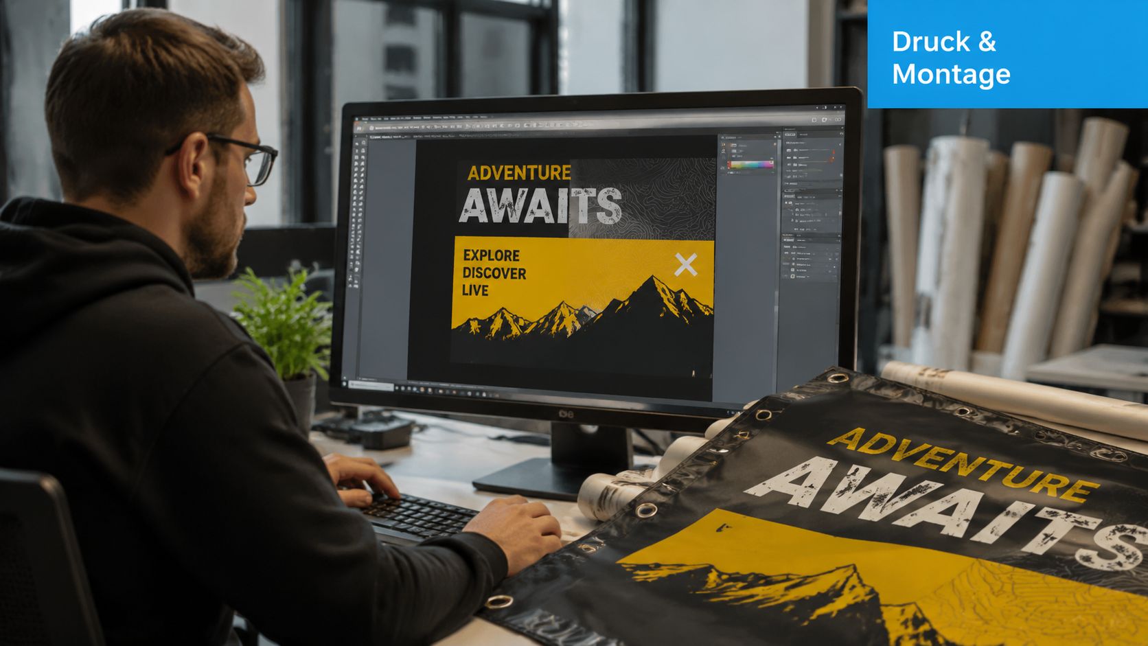 PVC Plane nach Maß: Der komplette Guide für 2026 7 Ein Grafikdesigner bearbeitet ein Abenteuer-Banner-Design an seinem Computer, während ein gedrucktes PVC-Exemplar auf dem Schreibtisch liegt.