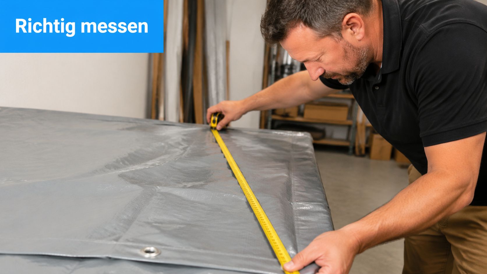 PVC Plane nach Maß: Der komplette Guide für 2026 4 Ein Mann misst sorgfältig die Länge einer grauen PVC-Plane mit einem gelben Maßband für einen passgenauen Zuschnitt.