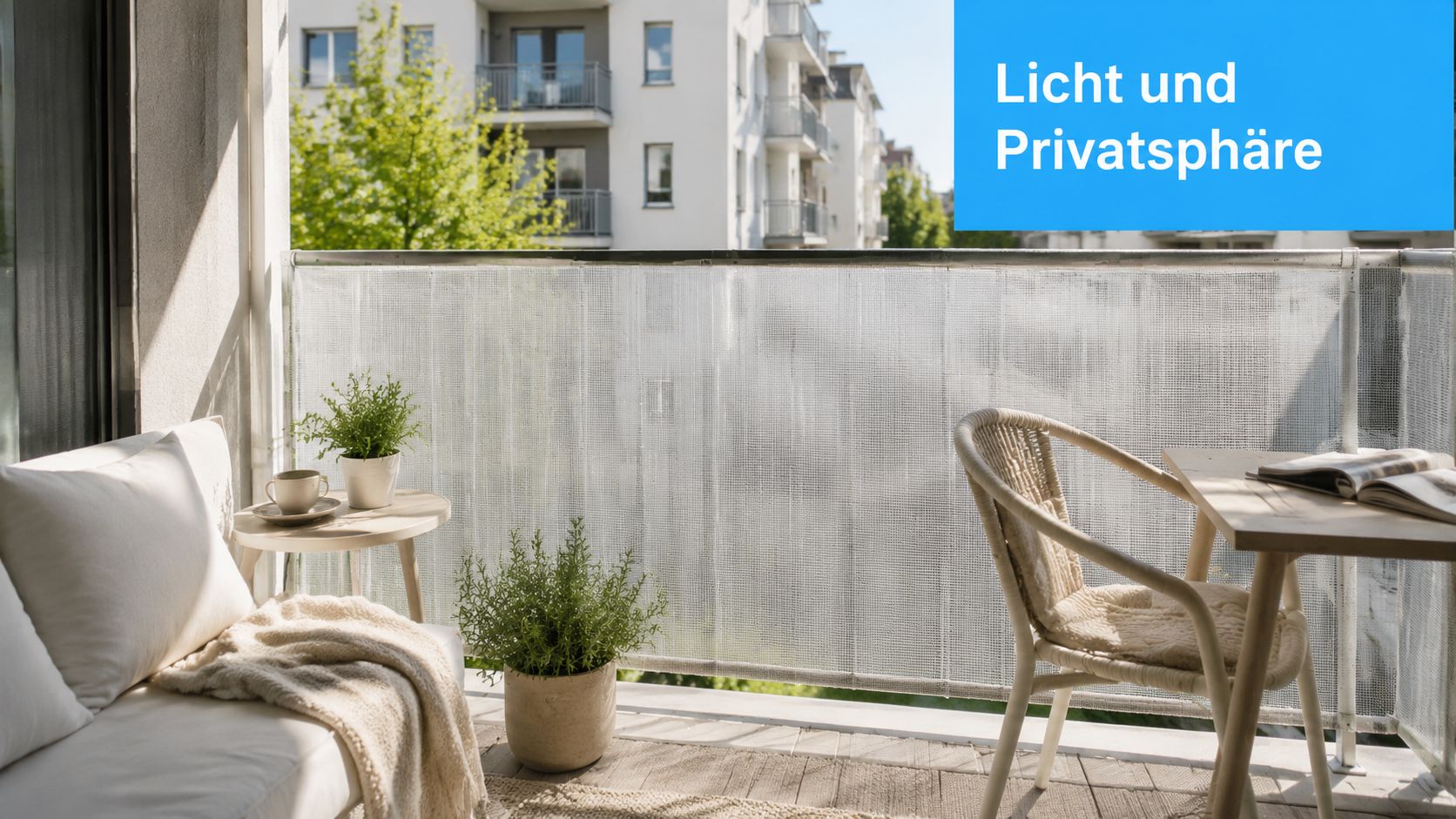 10 Ideen für Gartengestaltung: Balkon & Terrasse 2026 3 Ein gemütlicher, sonniger Balkon mit einem Sichtschutzgitter, einer Sitzbank, einem kleinen Tisch und grünen Pflanzen in Töpfen.