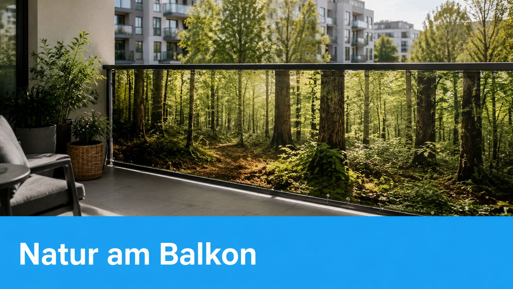 10 Ideen für Gartengestaltung: Balkon & Terrasse 2026 4 Ein moderner Balkon mit einer bedruckten Sichtschutzfolie, die einen tiefen Wald als Motiv zeigt.