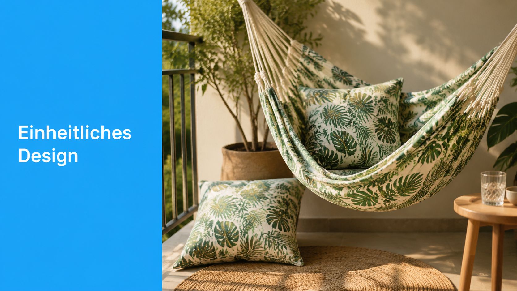 10 Ideen für Gartengestaltung: Balkon & Terrasse 2026 5 Eine gemütliche Hängematte mit passenden Kissen im Tropen-Design auf einem stilvoll eingerichteten Balkon.
